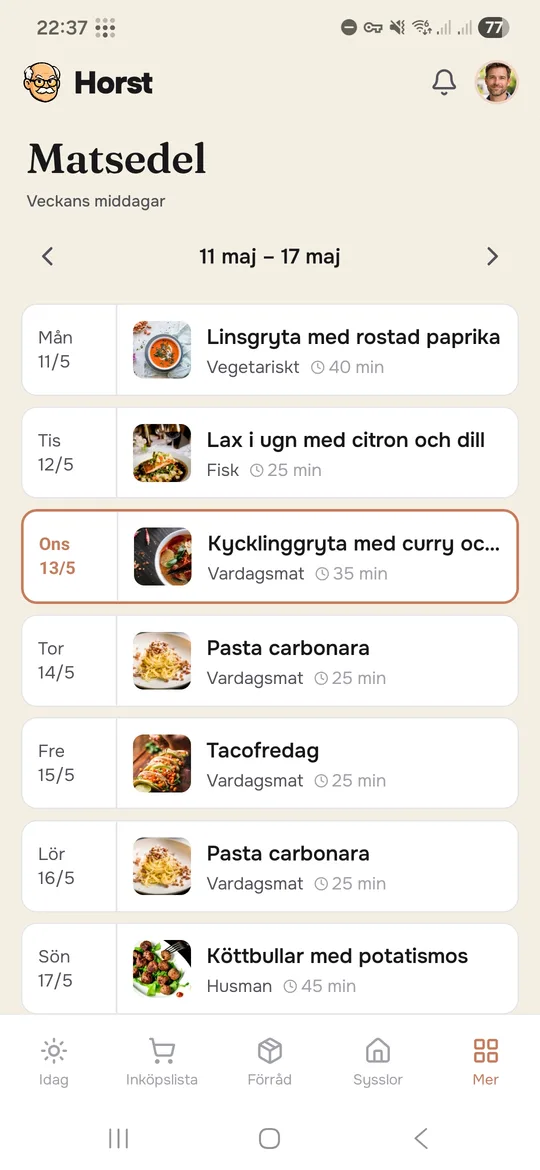 Matsedel i Horst-appen